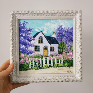 Maison de campagne française, peinture originale, art de jardin lilas, maison de campagne française, art mural fleurs lilas, art 3D encadré 8 x 8 po.