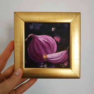 Pintura original de cebolla, decoración de cocina, pintura al óleo, arte pequeño enmarcado, 4x4, regalo de cumpleaños