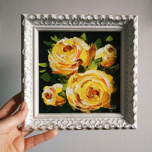 Peinture de roses roses jaunes oeuvre d'art originale art floral empâtement peinture à l'huile art 3D encadré cadeau d'anniversaire 6 x 6