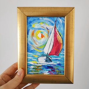 Peinture de voilier des Caraïbes coucher de soleil peinture sur toile à l'huile art mural nautique coloré paysage marin art 3D encadré 15 x 10 cm