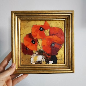 Pintura original de amapolas de California, arte floral, pintura al óleo empastada, arte 3D con hojas de oro, enmarcada, 6 x 6 pulgadas