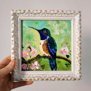 Hummingbird Painting Original Fine Art Impasto 3D Art Framed 6x6