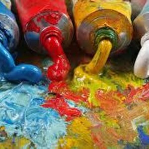 May include: Four tubes of paint, each dispensing a different color onto a palette. The colors include blue, red, yellow, and white. The paint is thick and textured, with visible brushstrokes. The tubes are silver with colored caps.