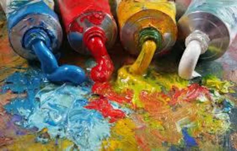 May include: Four tubes of paint, each dispensing a different color onto a palette. The colors include blue, red, yellow, and white. The paint is thick and textured, with visible brushstrokes. The tubes are silver with colored caps.