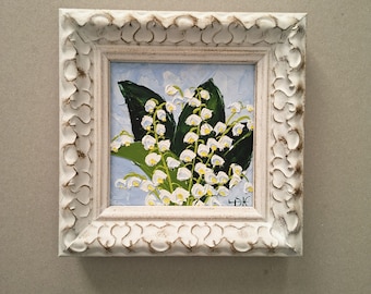 小さな額入り油絵、オリジナルミニ絵画キャンバス5x5、スズランの花の
