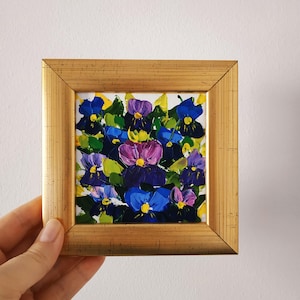 Violeta Pintura Buquê de Flores Arte Original Impasto Pintura a Óleo Arte Floral Pequena Obra de Arte 3D Emoldurada 4x4 Presente