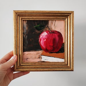 Pomme rouge, peinture originale empâtement, peinture à l'huile, décoration de cuisine, art 3D, cadre cadeau 6 x 6