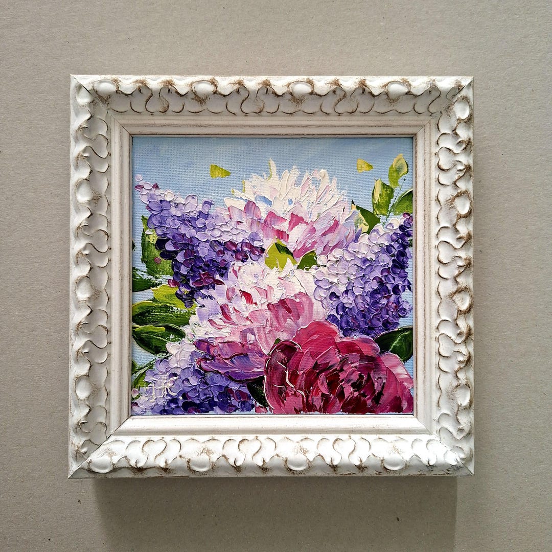 Lilac & Peony Original Oil Painting Impasto Floral Art Framed 6x6 - Etsy