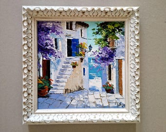 Lisbon Impasto Oil Painting: Portuguese Cityscape Original Art Framed 8x8