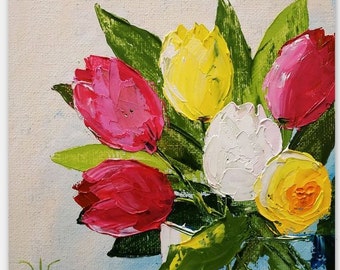 Tulpen Gemälde Impasto Ölgemälde Blumenkunst Original Kleine Wandkunst Muttertagsgeschenk 6x6" Palettenmesser