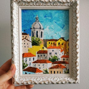 Peinture de la cathédrale de Lisbonne, art original, peinture à l'huile d'empâtement, peinture 3D, encadrée 20 x 15 cm, cadeau