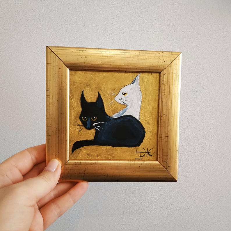 Black and White Cat Painting Original Art Small Art Framed 4x4 Inches ...