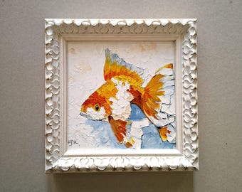 金魚の絵画イラスト 6 x 6 小さな魚 オイルパステルマーカー 水彩