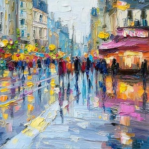 May include: Impressionistic oil painting of a city street scene. Buildings line the street with colorful awnings and lights. Figures of people are walking on the wet pavement, reflecting the lights and colors of the buildings.