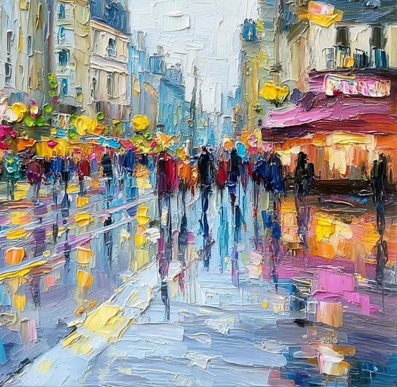 May include: Impressionistic oil painting of a city street scene. Buildings line the street with colorful awnings and lights. Figures of people are walking on the wet pavement, reflecting the lights and colors of the buildings.