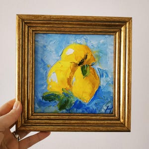 Peinture originale de citrons, peinture à empâtement, peinture à l'huile, décoration de cuisine, art 3D, encadré, cadeau 6 x 6