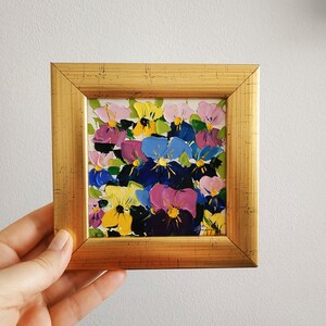 Pintura original de pensamientos, arte mural de pensamientos, ramo de flores, pintura al óleo empastada, arte 3D enmarcado, regalo de 4x4