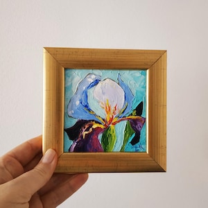 Pintura de iris Impasto Pintura al óleo Arte de pared floral Regalo Obra de arte original Arte 3D Enmarcado Espátula de 4x4"