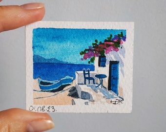 Miniature House Painting Landscape Art Tiny Watercolor Original Art Dolls-house Decor 1.6 by 1.9 inches