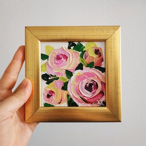 Pintura de rosas, empastada, pintura al óleo, arte floral, arte original, pintura 3D enmarcada, 4x4 pulgadas, regalo de cumpleaños
