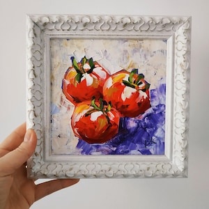 Pintura original de tomates, decoración de cocina, pintura al óleo enmarcada, arte 3D, 6x6, regalo de cumpleaños