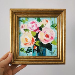 Bouquet de roses, peinture empâtement, peinture à l'huile, art floral, art original, peinture 3D, cadre 6 x 6, cadeau