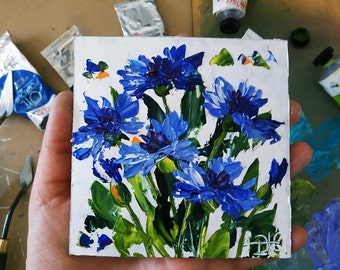 Bleuets, peinture fleurs bleues, art mural empâtement, peinture à l'huile, art floral, art 3D original, 10 x 10 cm, cadeau fête des mères