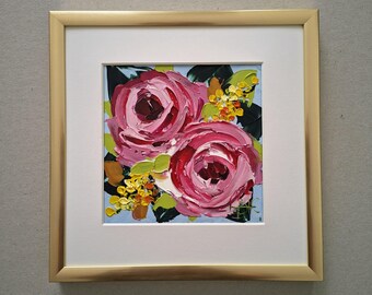Roses Impasto Original Oil Painting: Framed Floral Art, 3D Texture (4x4)