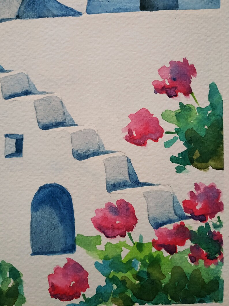 Santorini Painting Church Art Bougainville Wall Art Cityscape Art Watercolor Original Art Large Watercolor 14 by 11 by TatianaARTsho