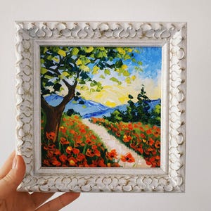 Peinture pavot Toscane Art original prairie fleurie peinture à l'huile empâtement art 3D encadré couteau à palette 6 x 6