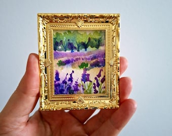 Lavendelveld miniatuurschilderij Provençaals landschap ingelijste kunst