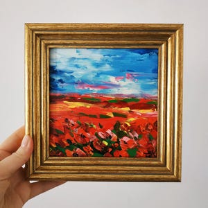 Peinture à l'huile originale coquelicots fleurs art Toscane empâtement peinture petit art 3D encadré 6 x 6"