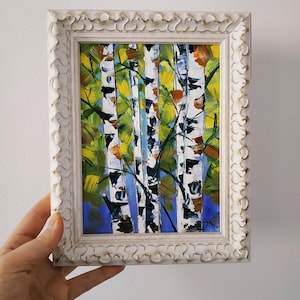 Arbres de bouleau, peinture d'art mural Vermont, peinture à l'huile originale empâtement, art 3D encadré 8 x 6 po.