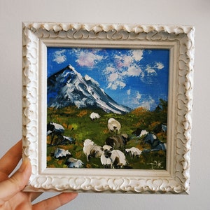 Mouton peinture originale paysage américain art mural petit art empâtement peinture à l'huile 3D art encadré 6 x 6"