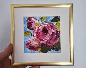 Roses Oil Painting Textured Floral Wall Art, 4x4 Inch Framed Original Miniature Painting