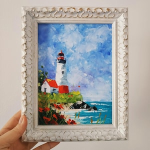 Phare, peinture originale, empâtement, oeuvre de peinture à l'huile, oeuvre d'art, peinture 3D, encadrée de couteau à palette de 8 x 6 po.