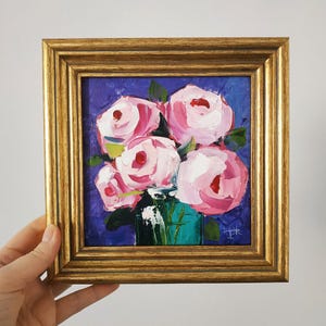 Peinture de pivoines roses, art original de fleurs, peinture à l'huile, empâtement, art 3D, cadre 6 x 6, cadeau