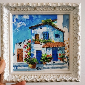 Mediterranean Painting Old Town Italy Art Original Oil Painting Impasto 3D Art Framed 6x6&quot;