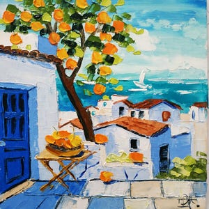 Algarve, peinture orangers au Portugal, art mural, art original, empâtement, peinture 3D, 6х6 pouces