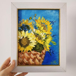 Tournesols peinture art original empâtement peinture à l'huile fleur art 3D encadré 9 x 7 pouces