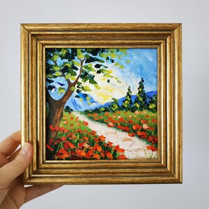 Peinture originale coquelicot Toscane prairie fleurie peinture à l'huile empâtement art 3D encadré couteau à palette 6 x 6
