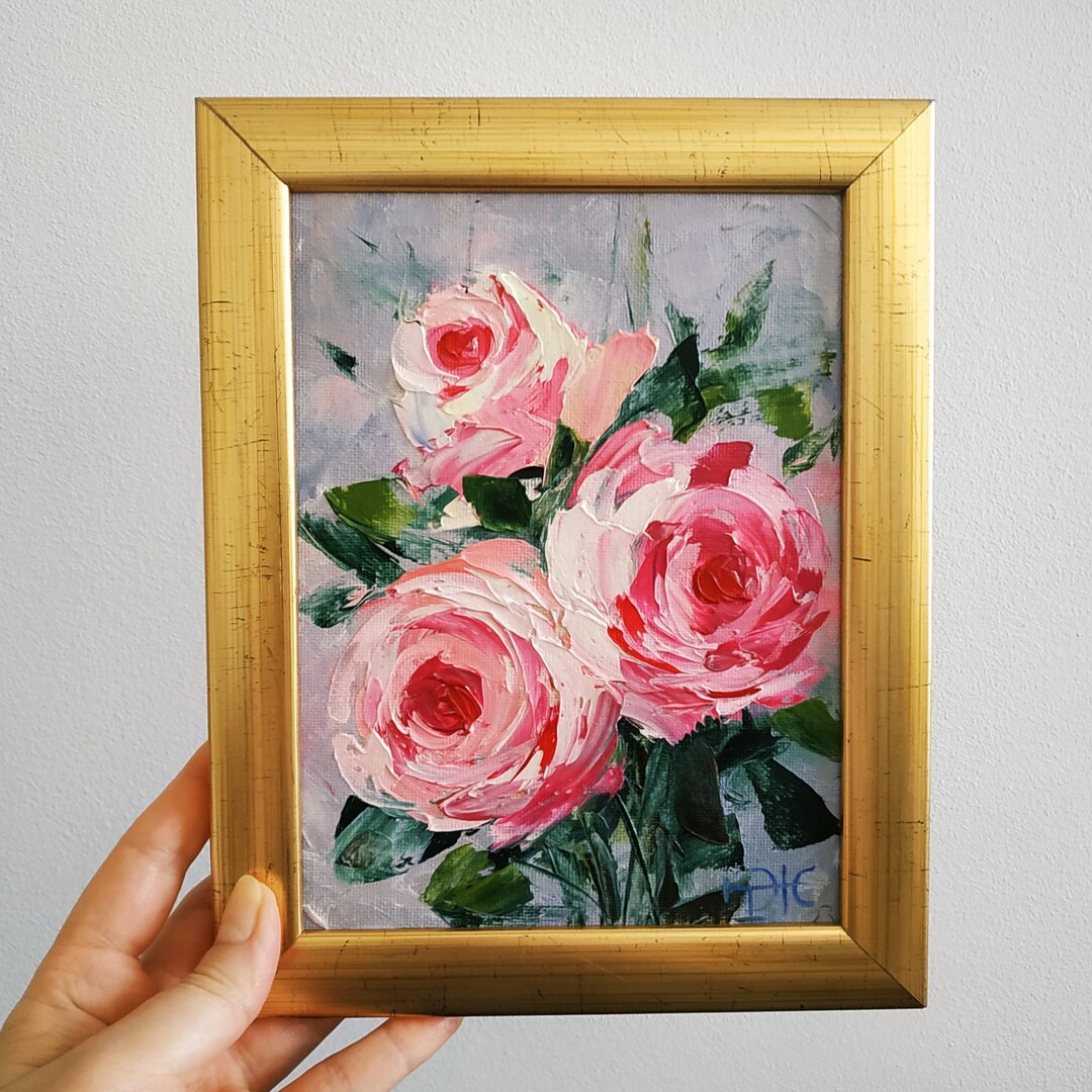 Pink Roses Painting Original Artwork Floral Art Impasto Oil Painting 3D ...