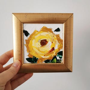 Pintura de rosa amarela, arte de parede original, arte floral, pintura a óleo empastada, arte 3D emoldurada, 4x4, presente de aniversário
