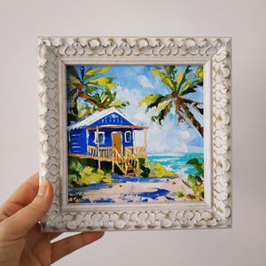 Peinture maison de plage, Hawaï, paysage, empâtement, peinture à l'huile, art 3D, encadré 15 x 20 cm