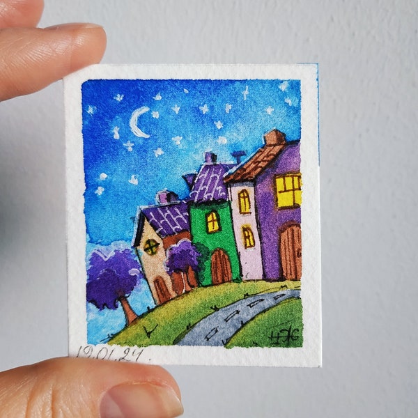 Tiny Painting Miniature House Landscape Art Tiny Watercolor Original Art Dolls-house Decor 1.9 by 1.6 inches