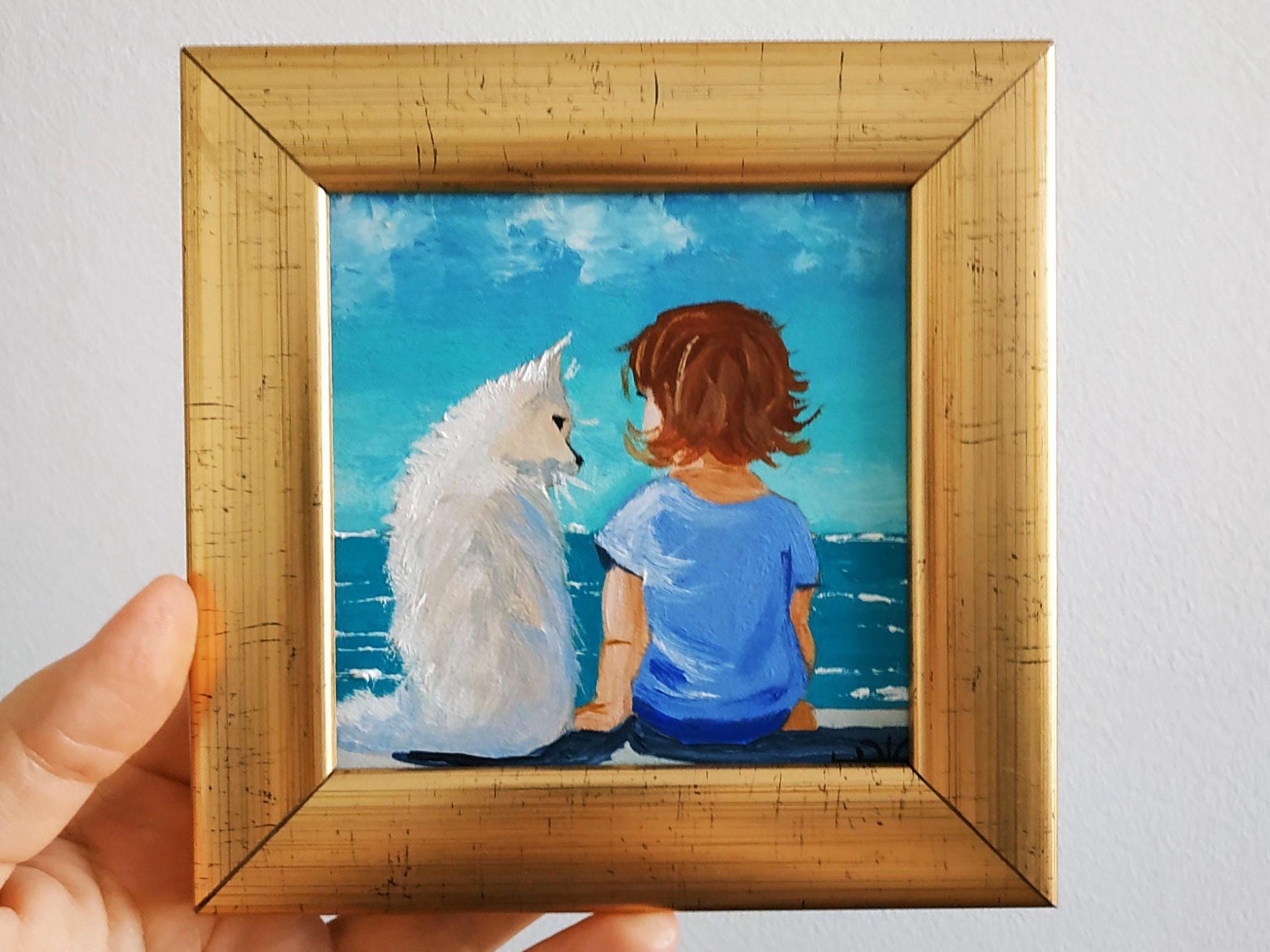 少女と猫の絵画 金色フレーム付き 油絵 猫と少女の油絵：ミニチュア額