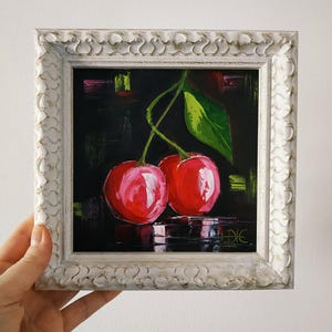 Cherry Painting Impasto Painting Original Fine Art Oil Painting Kitchen Decor Framed Wall Art 6x6 inches