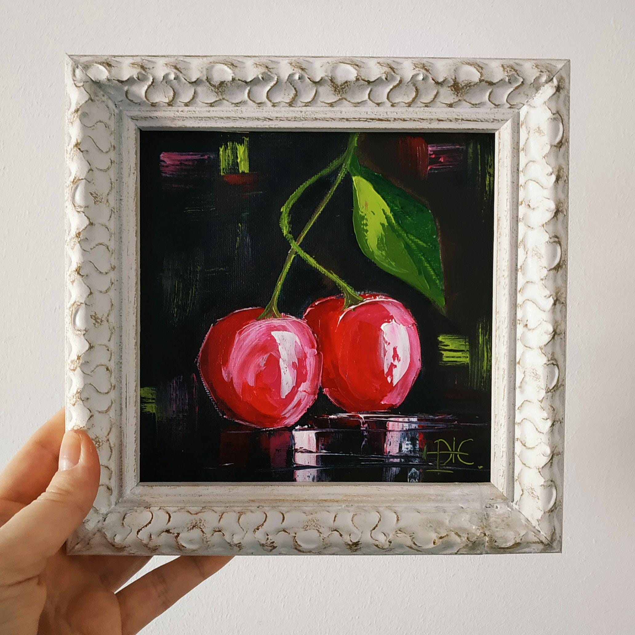 Cherry Painting Original Fine Art Impasto Painting Kitchen Decor Framed 3D Art 6x6