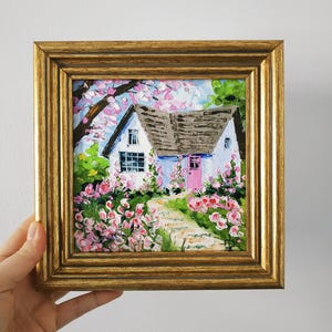 Peinture originale Irlande Cottage irlandais fleurs épanouies peinture à l'huile empâtement art 3D encadré couteau à palette 6 x 6