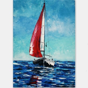 Bateau peinture paysage marin art original empâtement peinture à l'huile couteau à palette art 3D 30 x 20 cm